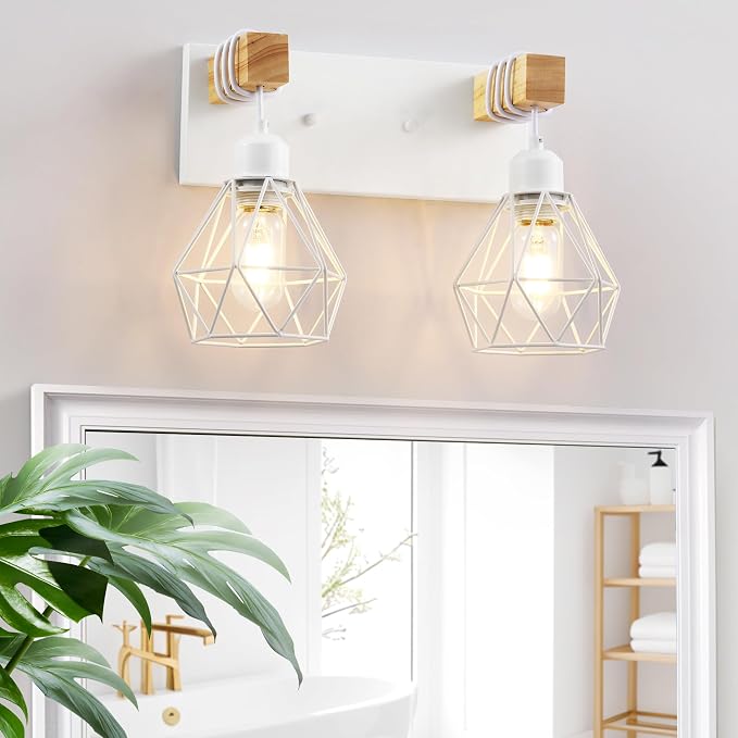 White Bathroom Vanity Light Fixtures, 2-Light Wood Bathroom Light Fixtures Over by MAESTA