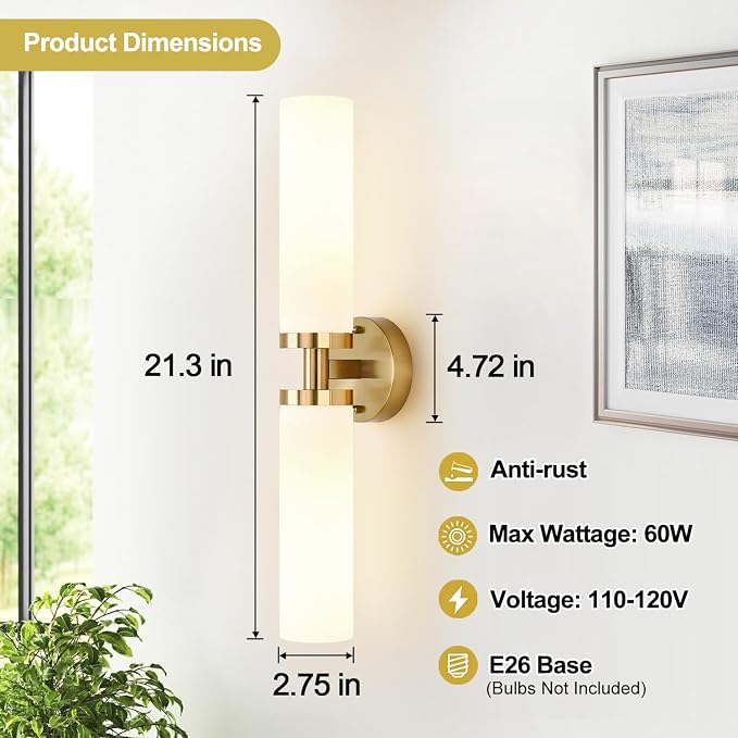 Wall Sconces Set of Two, Brushed Gold Bathroom Sconces Wall Lighting - Image 4