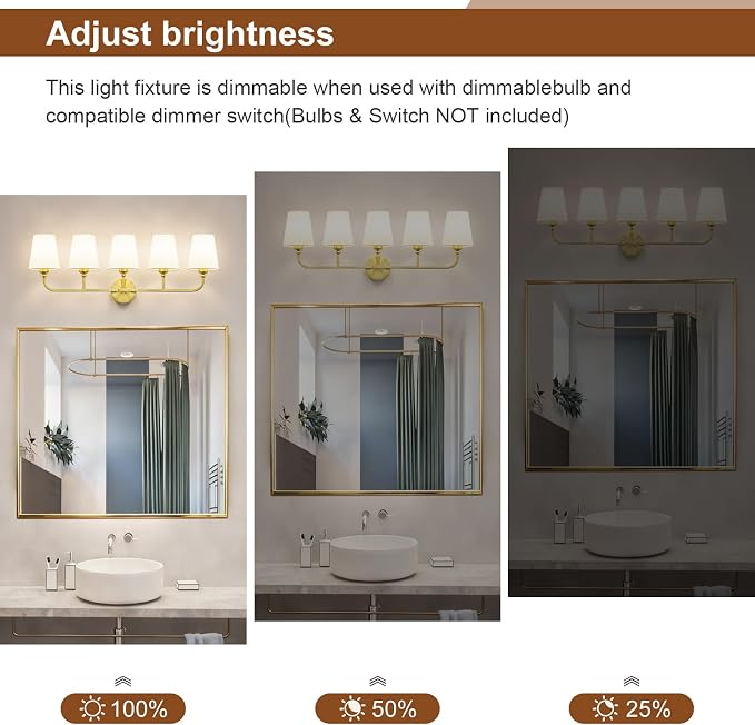 Bathroom Vanity Light, Brushed Gold Bathroom Light Fixtures, 5-Light Lighting - Image 6