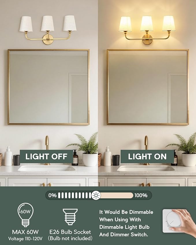 3-Light Bathroom Light Fixtures, Brushed Gold Vanity Lights - Image 4