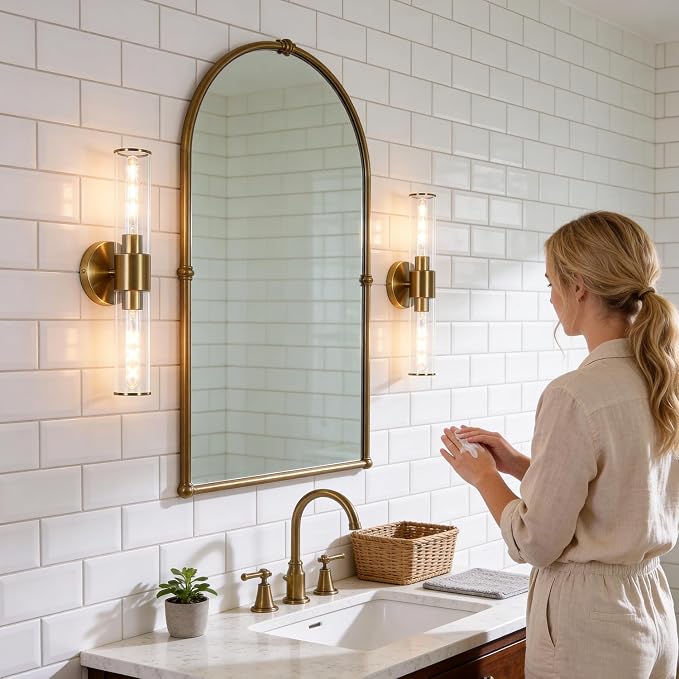 Gold Wall Sconces Set of 2, Hardwired Bathroom Vanity Light Fixture, Brass - Image 4