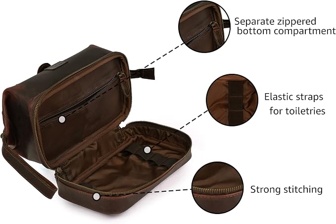 LEATHER VILLAGE Genuine Leather Dopp Kit – Large Travel Toiletry Bag - Image 2