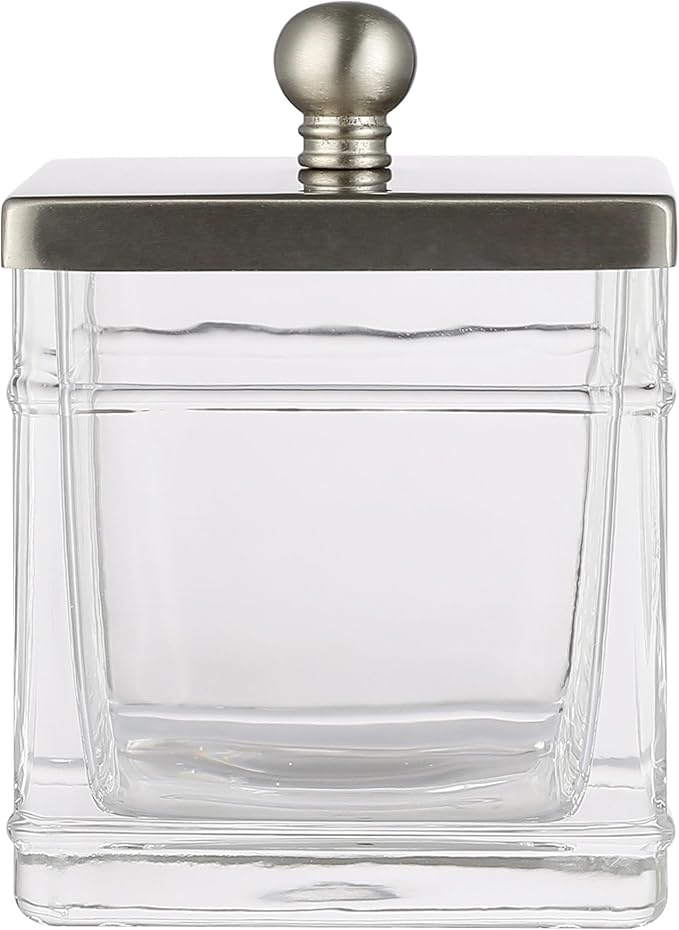 Apothecary Glass Cotton Jar Holder Brushed Nickel Stainless Steel Lid, Elegant by IndecorHome