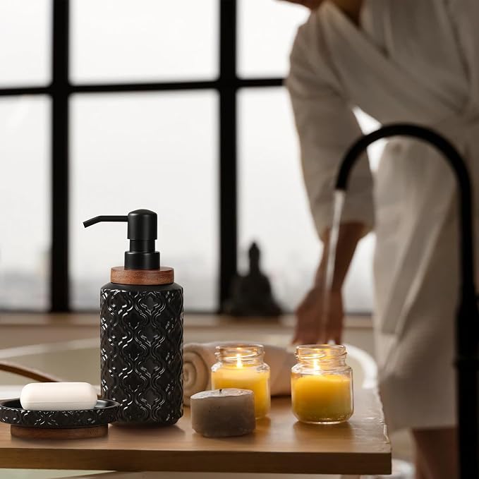 Elegant Bathroom Accessories Set 4 PCS Ceramic and Wood Bathroom Accessory Set - Image 5