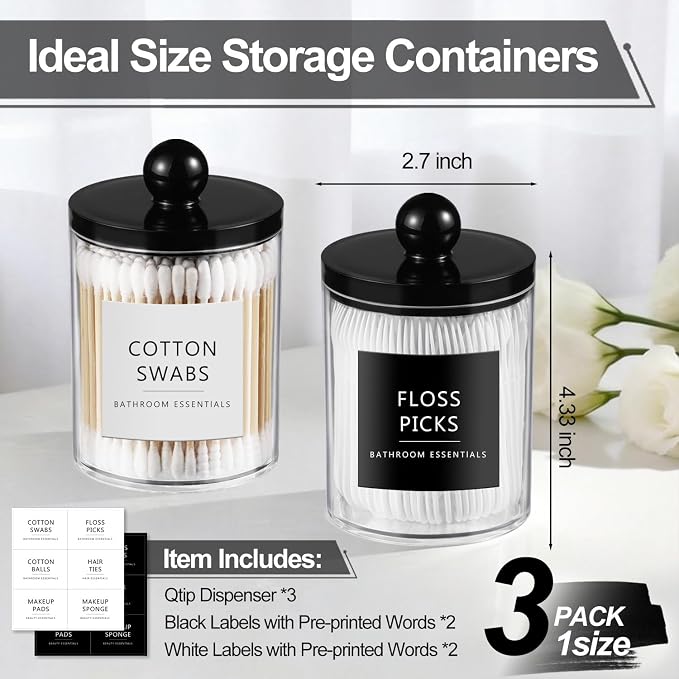 SheeChung 3 Pack Acrylic Qtip Holder Dispenser, Bathroom Jars - Image 4