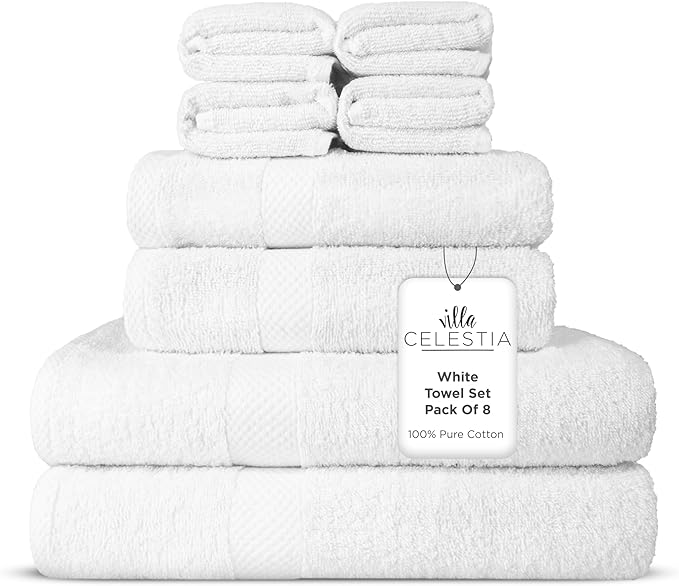 100% Combed Cotton Bathroom Towel Set of 8- 2 Bath Towels, 2 Hand Towels by VillaCelestia