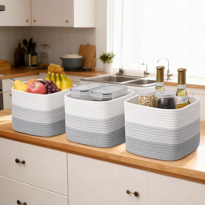 3 Pack Cube Storage Bin, 9”x9”x7” Cotton Rope Woven Baskets - Image 6