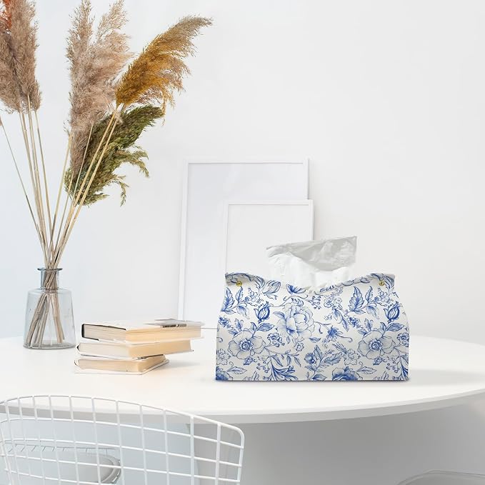 Blue Chinoiserie Tissue Box Cover Rectangle, PU Leather Decorative Facial Paper - Image 3