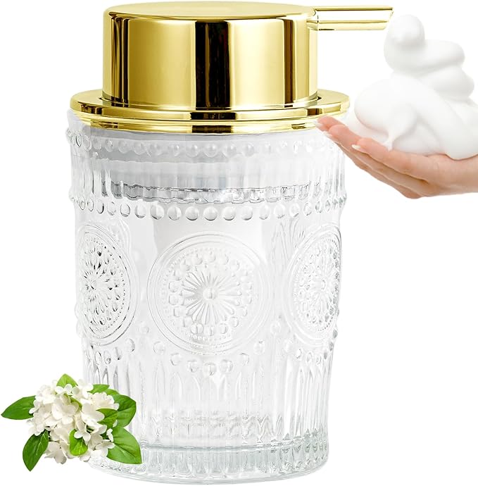 Golden Foaming Soap Dispenser - 7 oz Clear Glass Foam Hand Soap Dispenser by AZMOYAC