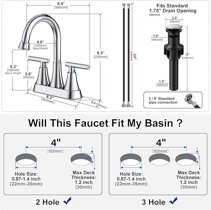 Bathroom Faucets for Sink 3 Hole, Hurran 4 inch Chrome Bathroom Sink Faucet - Image 5