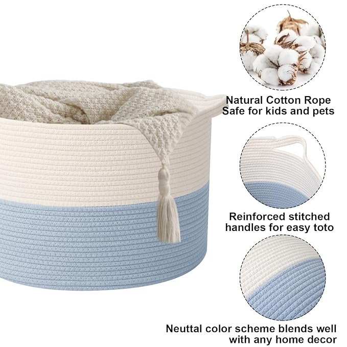 65L Large Blanket Basket, 19.7" L x 19.7" W x 13" H Rope Woven Baskets - Image 3