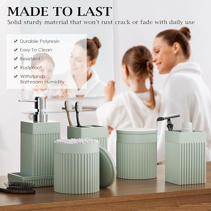 Bathroom Accessories Set, 6-Piece Resin Green Bathroom Set - Image 3
