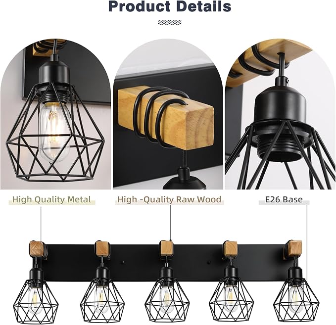 5-Light Farmhouse Bathroom Vanity Light Fixtures, Wood Bathroom Light Fixtures - Image 4