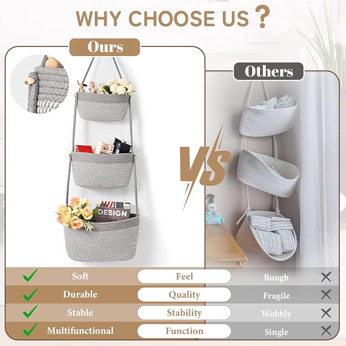 Hanging Storage Baskets, Over the Door Basket, Cotton Wall Baskets Storage - Image 9