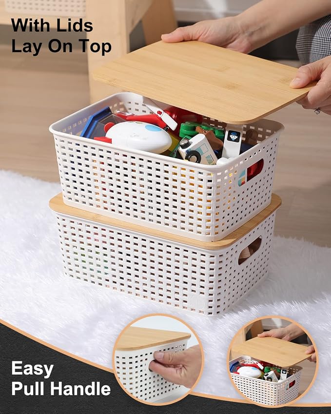 AREYZIN Storage Bins with Bamboo Lids Set of 6 Lidded Storage Container Plastic - Image 2