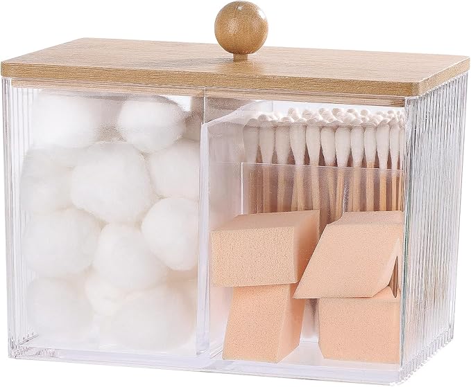 Ohlove Qtip Holder with Bamboo Lids, 3 Compartments Cotton Ball/Swabs Dispenser by Ohlove