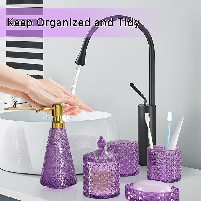 Purple Glass Bathroom Accessories Set 5 Pcs, Soap Dispenser and Toothbrush - Image 4