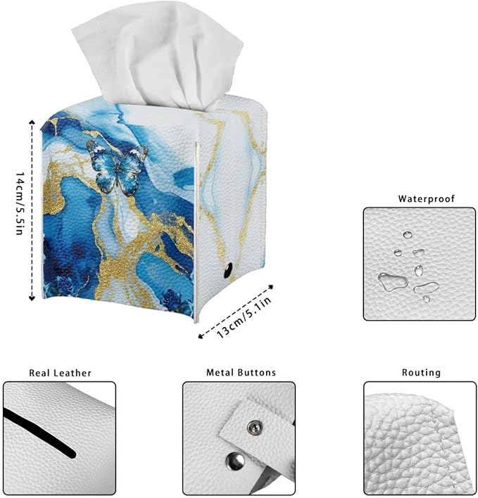 Blue Marble Butterfly Modern Tissue Box Holder, Waterproof Square PU Leather - Image 7
