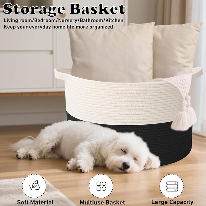 65L Large Blanket Basket, 19.7" L x 19.7" W x 13" H Rope Woven Baskets - Image 6