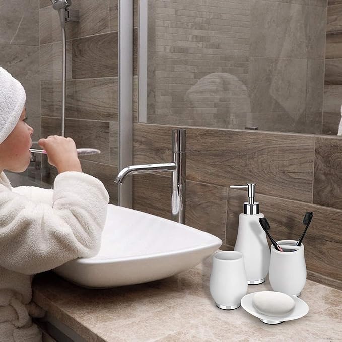 Bathroom Accessories Set 4 Pcs Toothbrush Holder Soap Dispenser Ceramic - Image 7