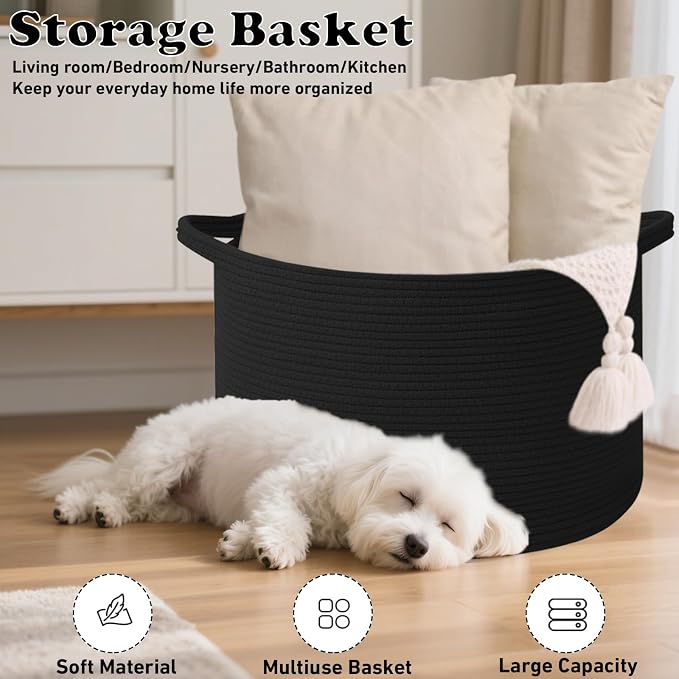 65L Large Blanket Basket, 19.7" L x 19.7" W x 13" H Rope Woven Baskets - Image 6