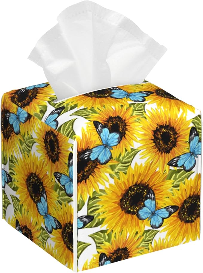 Sunflowers and Blue Butterflies Tissue Box Cover Square, Watercolor Sunflower by sndheke