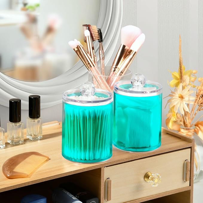 Teal Green Qtip Holder Organizer Dispenser Cotton Swabs Cans Plastic Jars - Image 6