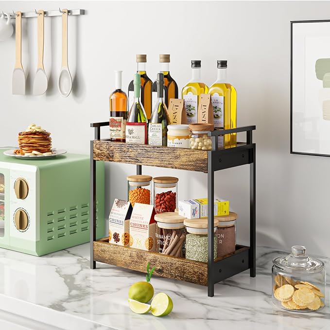 KLM Countertop Coffee Station Organizer, 2 Tier Wooden Shelf - Image 2