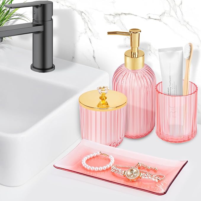 Pink Bathroom Accessories Set 4PCS Glass Bathroom Accessories Set - Image 3