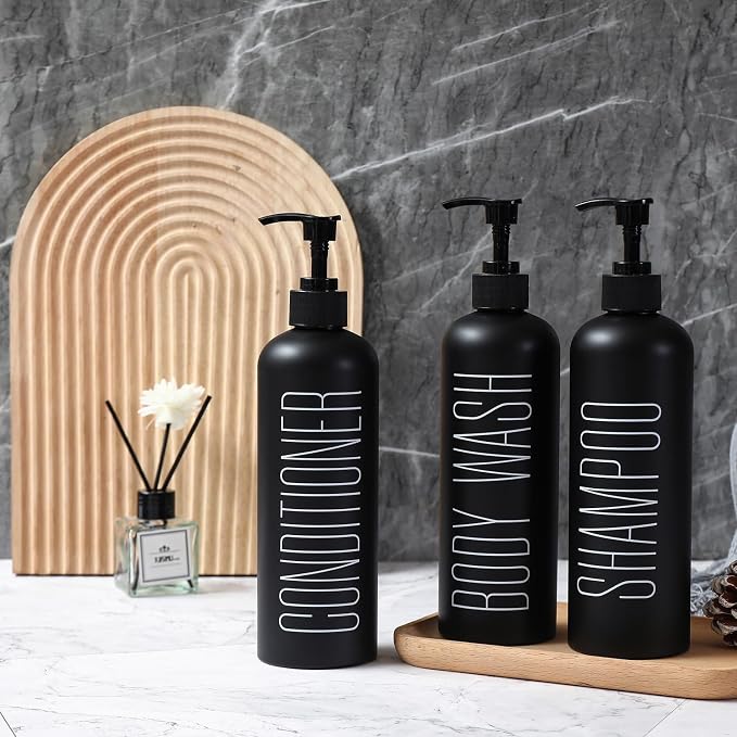 HOMCDALY Black Shampoo and Conditioner Dispenser, 16oz 3-Pack Refillable Pump - Image 4