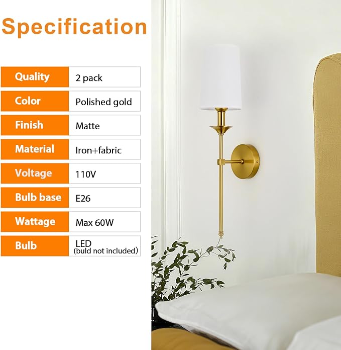 PASSICA DECOR Hardwired Wall Sconces Set of 2 Candle Gold Wall Light - Image 5
