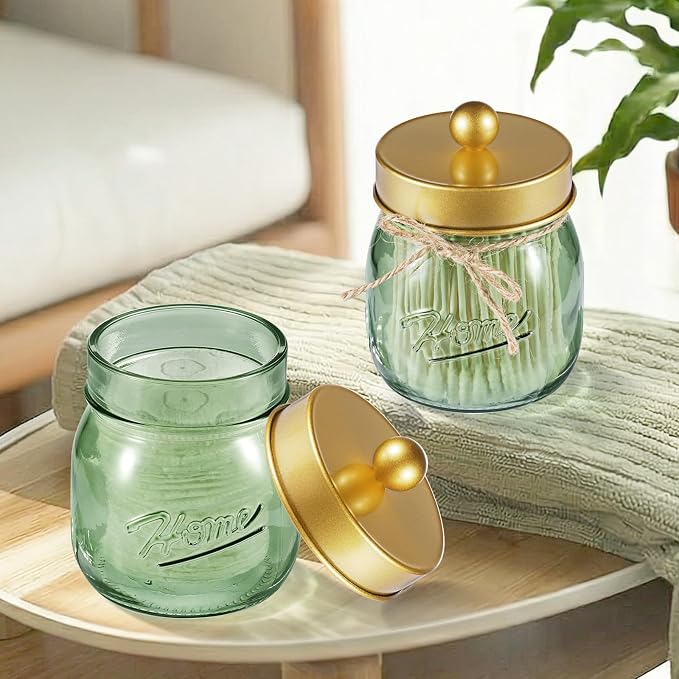 SheeChung Green Glass Qtip Holder Dispenser, Mason Jar Apothecary Jars - Image 7