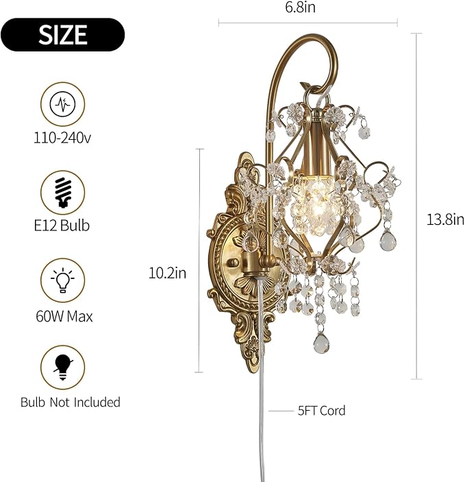 Gold Crystal Vintage Plug in Wall Sconces Set of 2 Indoor Wall Light Fixture - Image 6