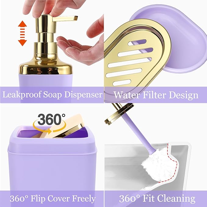 Purple Bathroom Accessories Set, Soap Dispenser, Soap Dish, Toothbrush Holder - Image 4
