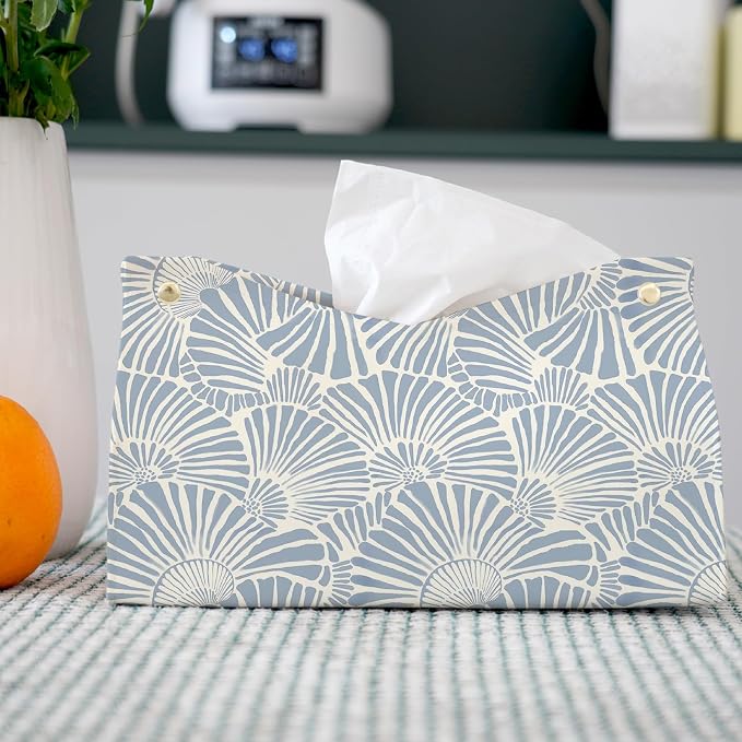 Light Blue Shell Leather Tissue Box Cover Rectangle, Coastal Toilet Paper Box - Image 2