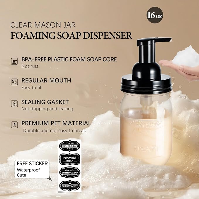 Amolliar Plastic Mason Jar Foaming Soap Dispenser - Image 2