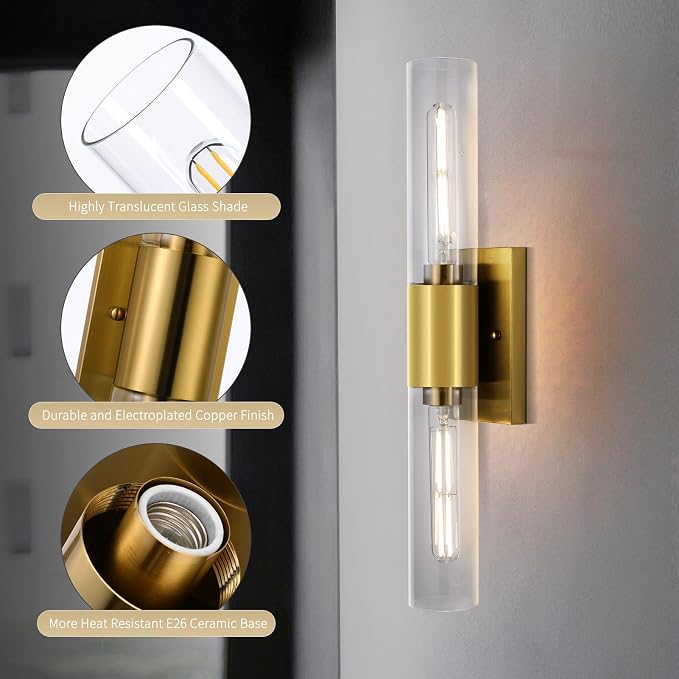 21" Gold Wall Sconces Set of Two, 2-Light Bathroom Sconces Vanity Light Tube - Image 4
