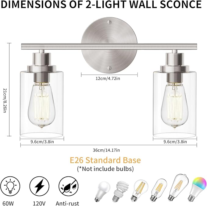 GORDNWE Bathroom Vanity Light Fixtures, 2 Light Brushed Nickel Bathroom Light - Image 3