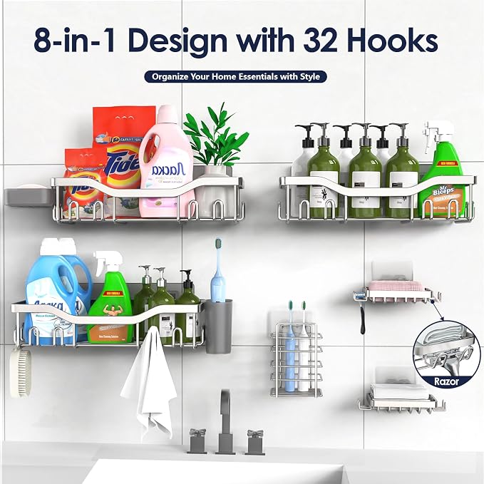 Shower Caddy Adhesive Shower Organizer 8-Pack, Rustproof Stainless Steel - Image 7