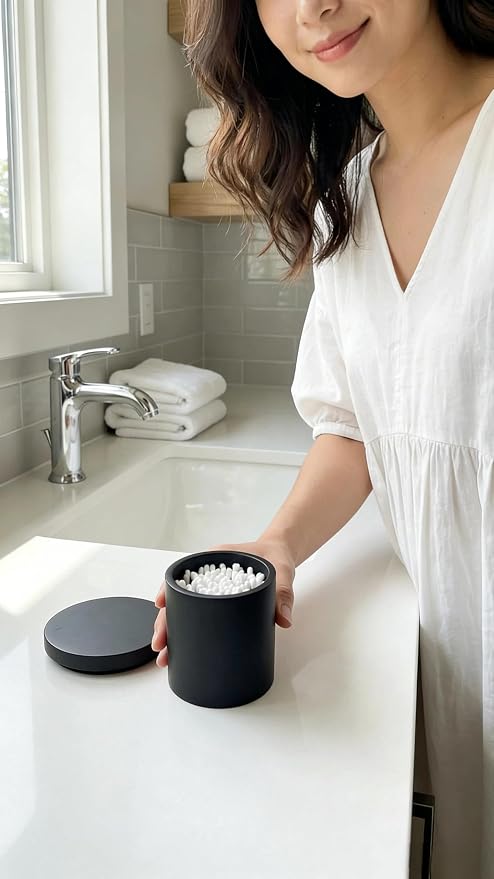 Cotton Swab Holder with Lid, Round Qtip Holder Bathroom Black, Resin Cotton - Image 8