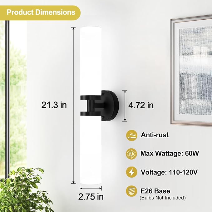 Wall Sconces Set of Two, Matte Black Bathroom Sconces Wall Lighting - Image 4