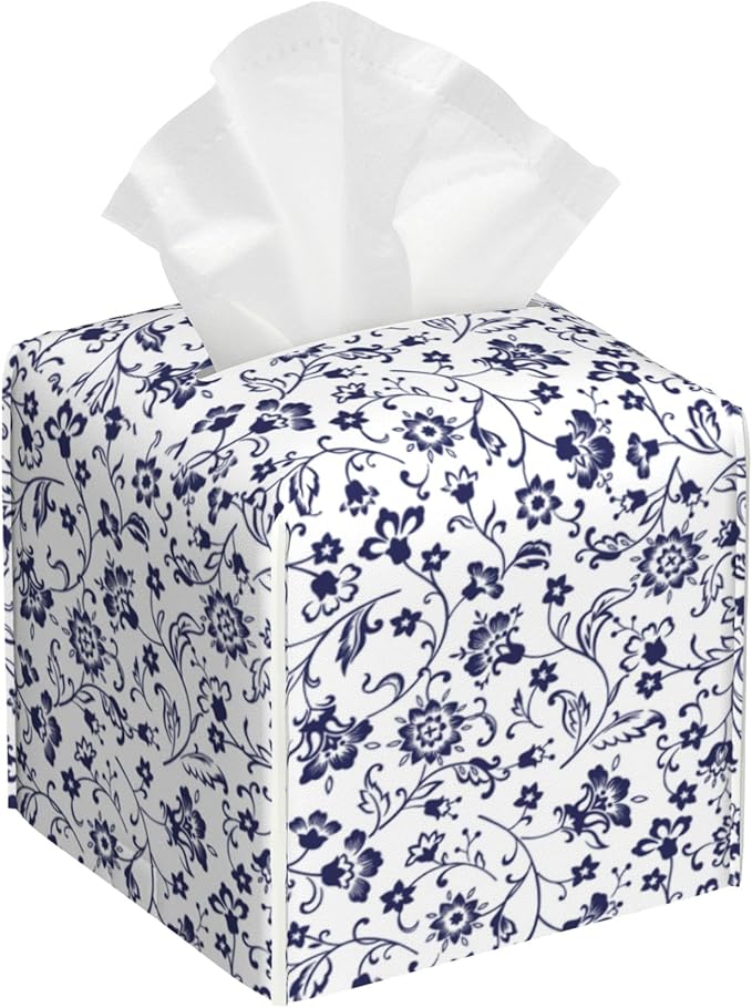 Blue and White Tissue Box Cover Square, Abstract Blue Flowers Tissue Box Holder by sndheke