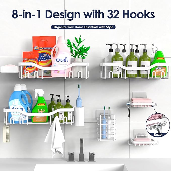 Shower Caddy Adhesive Shower Organizer 8-Pack, Rustproof Stainless Steel - Image 7