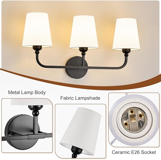Bathroom Vanity Light, Matte Black Bathroom Light Fixtures, 3-Light Lighting - Image 4