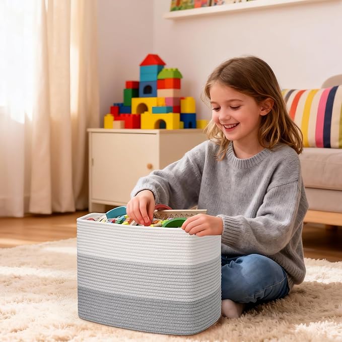 3 Pack Cube Storage Bin, 17”x12”x12” Cotton Rope Woven Baskets - Image 5