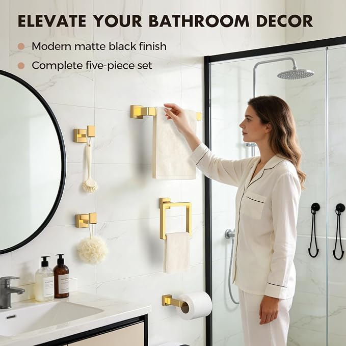Bathroom Accessory Towel Bar Set: 5 Pieces Gold Bathroom Hardware Square SUS304 - Image 7