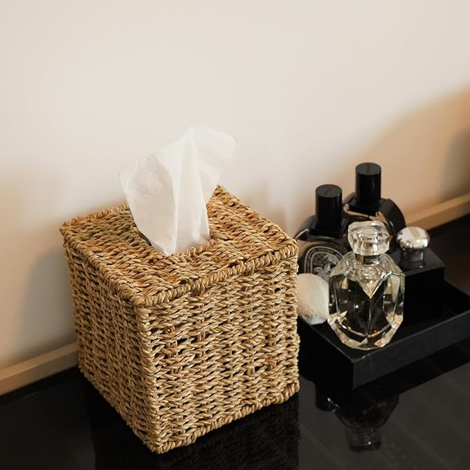 Set of 2 Seagrass Handwoven Wicker Tissue Box Cover, Natural Handmade Napkin - Image 6