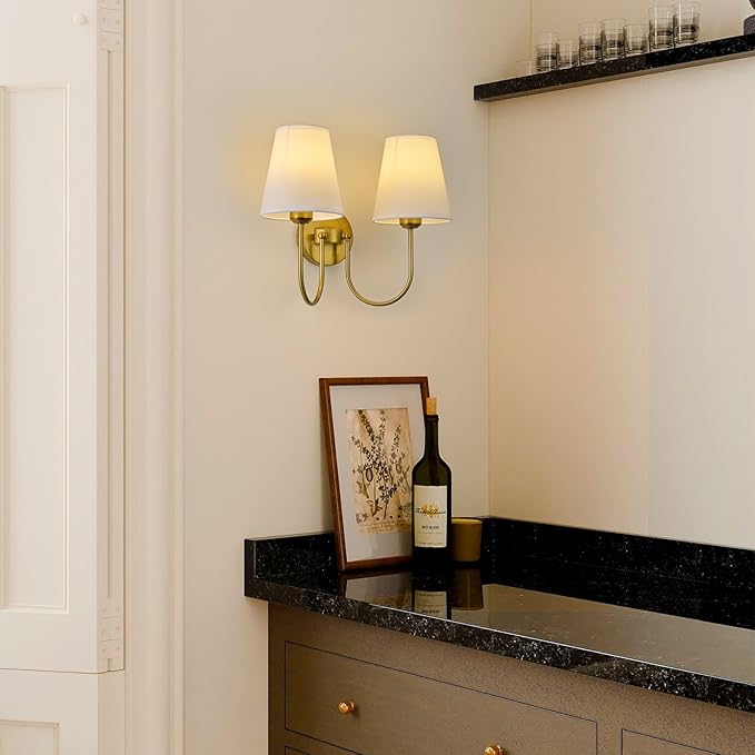 Hardwired White Fabric 2 Light Wall Sconce – Double Headed Cloth Shade Fixture - Image 5