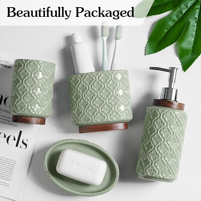 Elegant Bathroom Accessories Set 4 PCS Ceramic and Wood Bathroom Accessory Set - Image 5