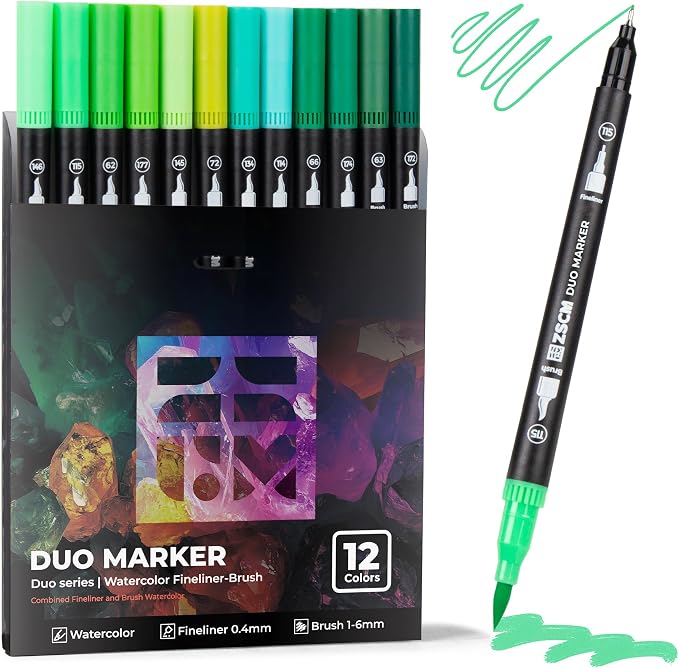 Green Duo Tip Marker Pens, 12 Pack Fine & Brush Markers by ZSCM